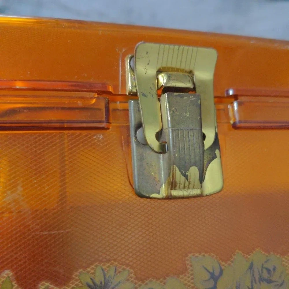 Vtg Wil-Hold Amber Orange Translucent Plastic Sewing Box MCM Case Gold Floral